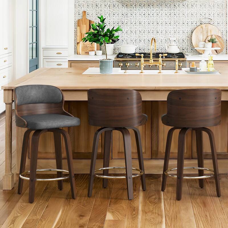 26 in. Counter Height Stool, Wooden Swivel Barstool PU Leather with Low Back