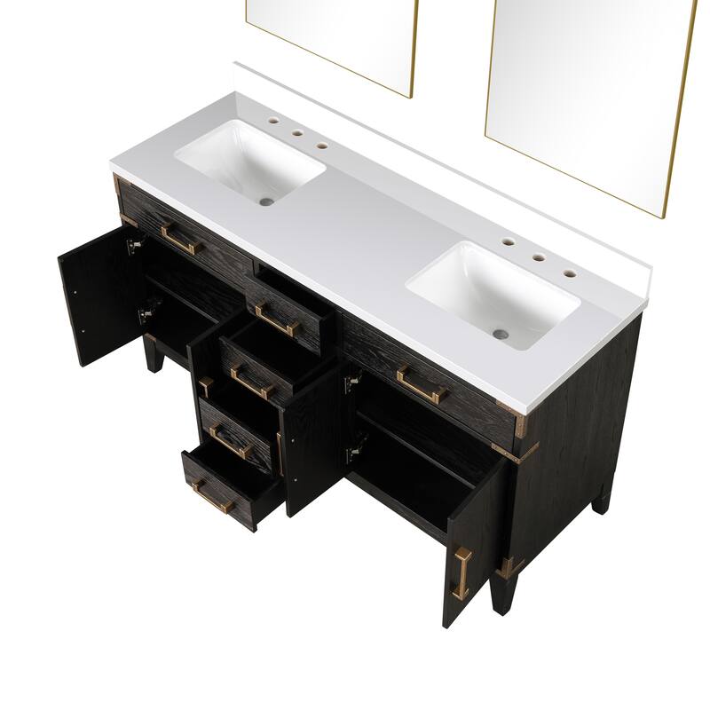 Laurel 60 in W x 22 in D Black Oak Double Bath Vanity, White Quartz Top, and 28 in Mirrors