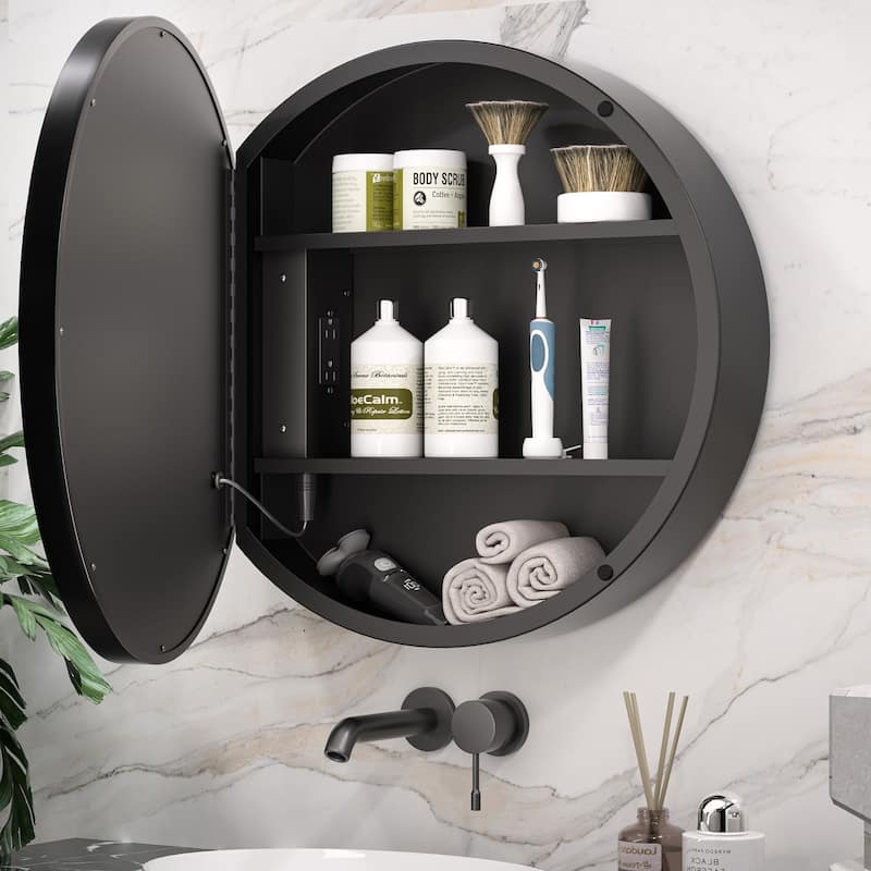 Keonjinn LED Metal Framed Round Medicine Cabinet with Mirror for Vanity, 3 Color Temperatures