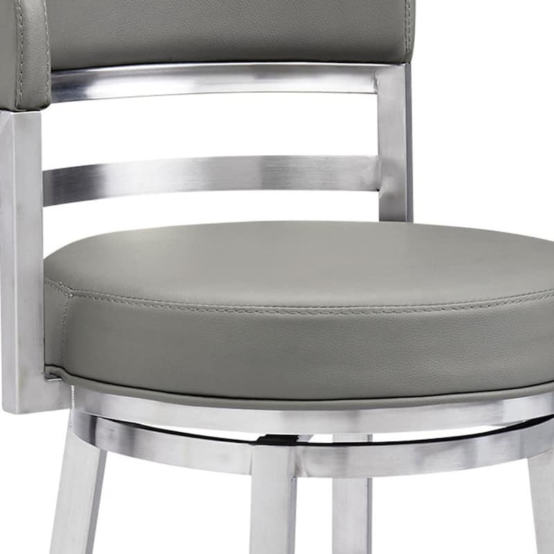Silver Brushed Iron Frame Swivel Bar Stool with Faux Leather - 21” x 20” x 39” (D x W x H)