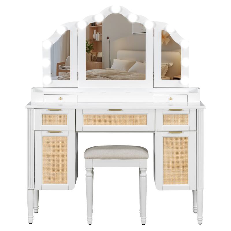 Makeup Vanity Desk with 13 Hollywood Bulbs & 3 Lighting Modes, Dressing Table with Tri-Fold Mirror, 5 Drawers & Shelves