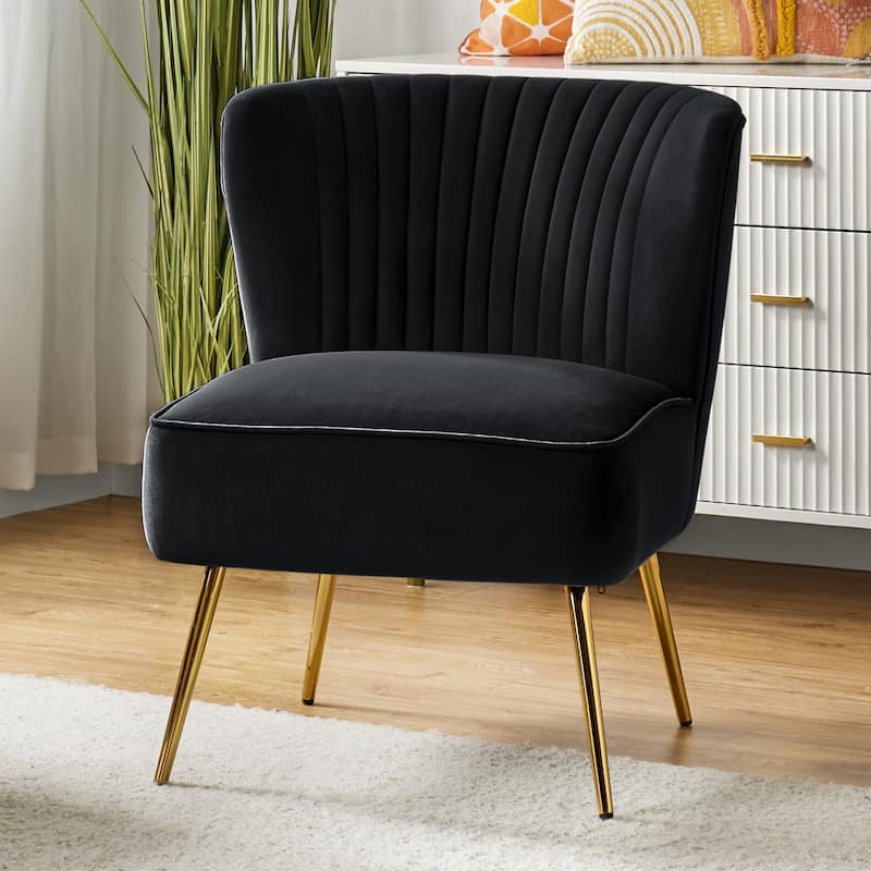 Monica 22''W Upholstered Modern Tufted Accent Side Chair with Gold Legs by HULALA HOME - Black