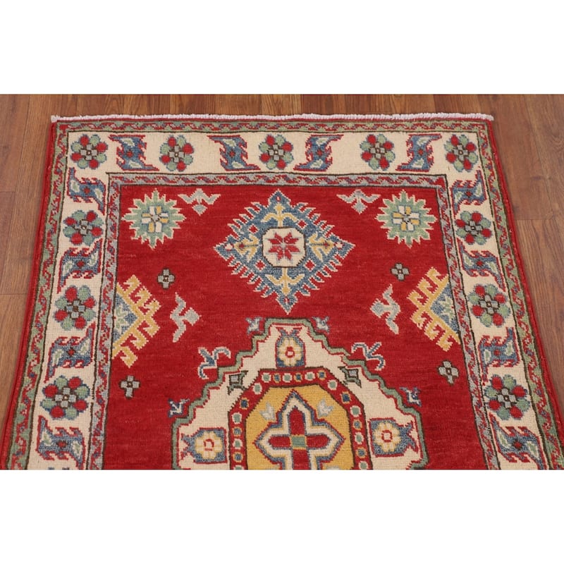 Geometric Kazak Foyer Rug Hand-Knotted Traditional Wool Carpet - 2'8" x 3'11"