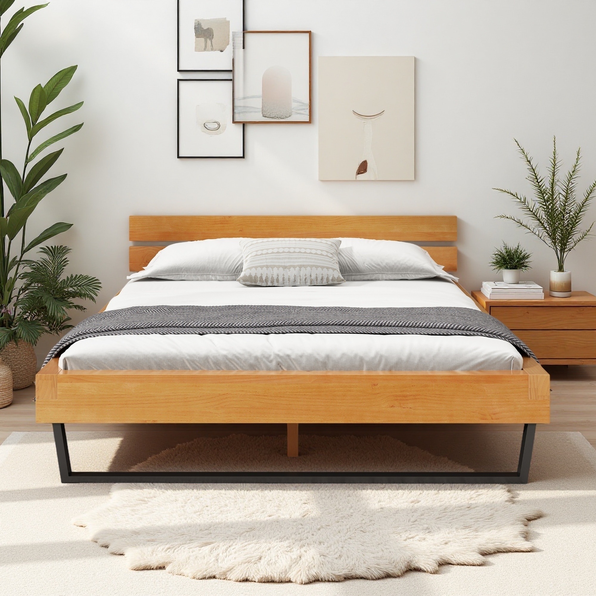 Pine Wood Platform Bed Frame with Two-Tone Finish