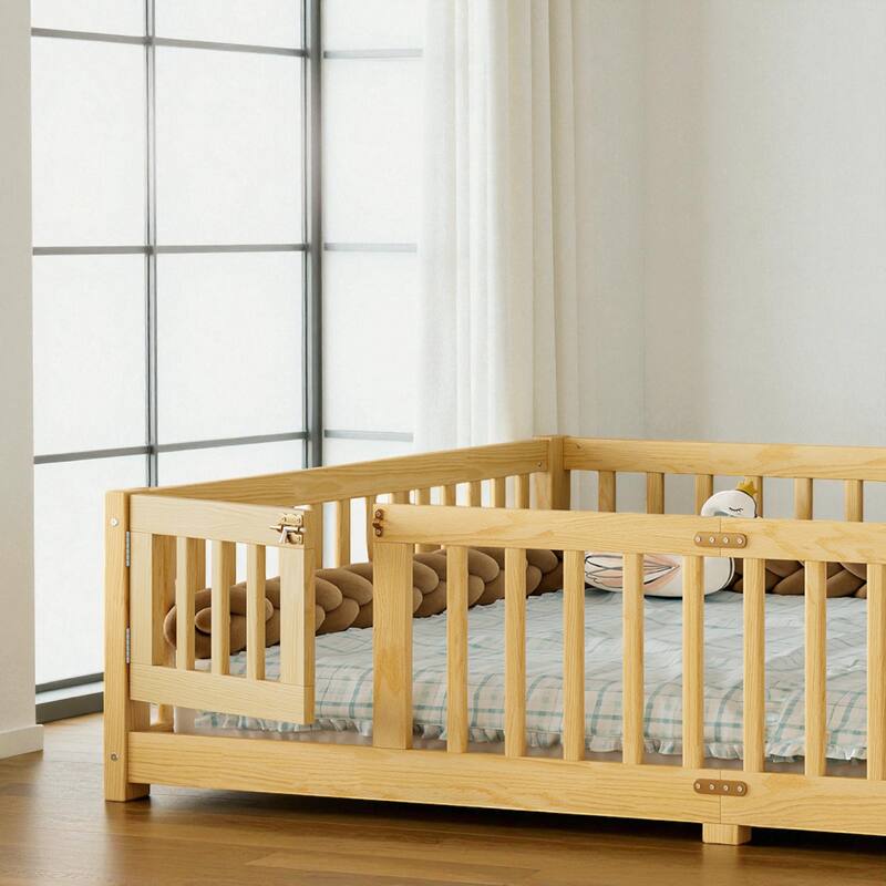 Twin/Full/Queen Size Wood Floor Bed with Door and Guardrails for Kids, Montessori Bed with Removable Slats