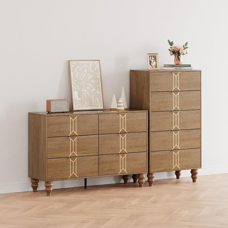 Walnut and Gold Wooden 6 Drawer Dresser with Vintage Pattern Design, Modern Chest Dresser
