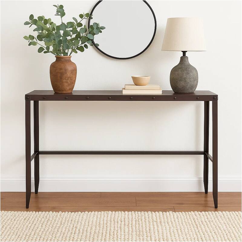 Ayka Sofa Bar Table w Nailhead Accent, 60 Inch Rectangular Brown Wood