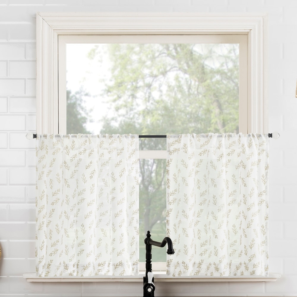 No. 918 Hawthorne 2-Piece Floral Leaf Sheer Rod Pocket Kitchen Curtain Tier Pair