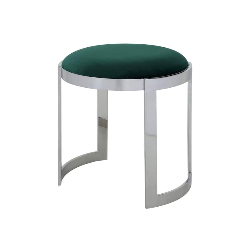 Niyo 19 Inch Accent Stool Ottoman, Round Seat, Soft Green Velvet, Silver