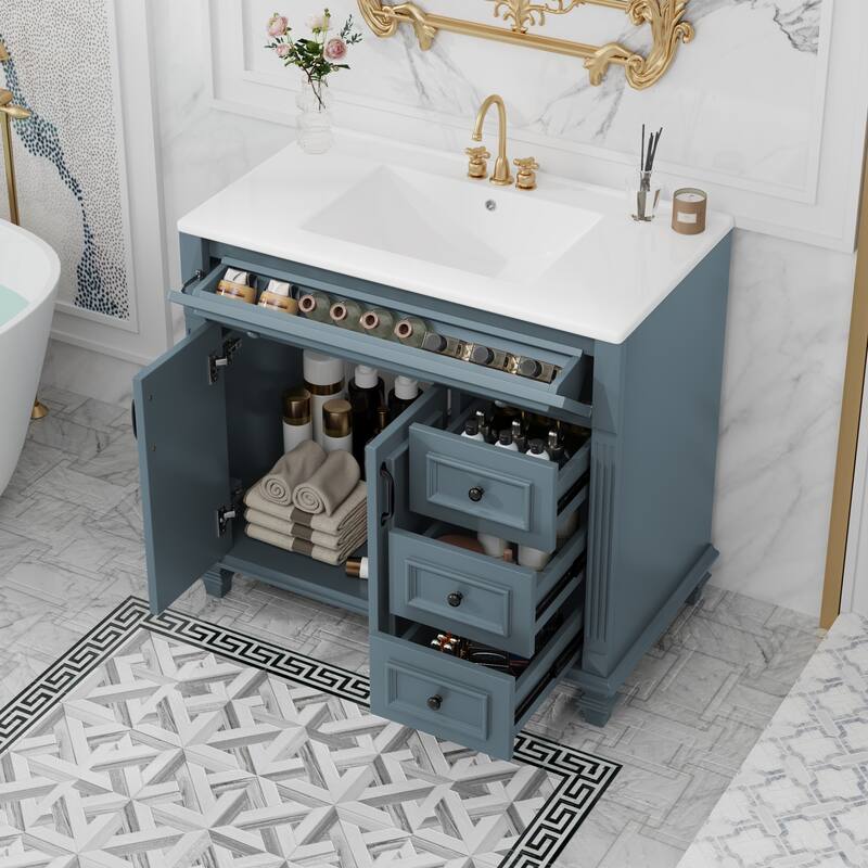 Roomfitters 36" Bathroom Vanity with Sink, Flip-Out Drawer, 3 Drawers, Soft-Close Doors, Solid Wood Cabinet