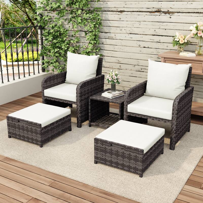 Patio 5 Pieces Rattan Cushioned Conversation Set With Ottoman Coffee Table