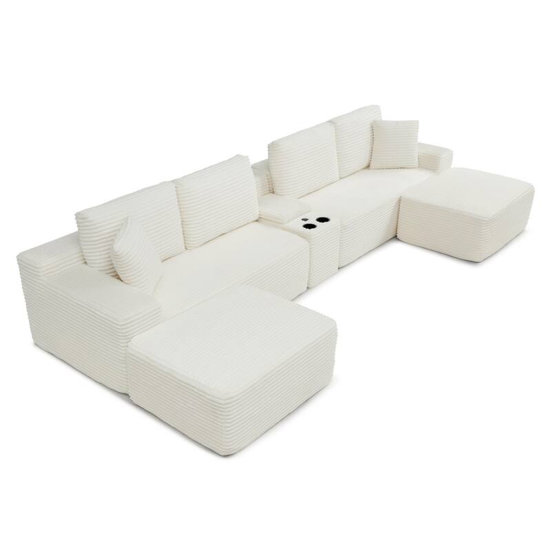 125'' U-Shaped Corduroy Sectional Sofa with Cup Holders, USB Ports and 2 Ottomans