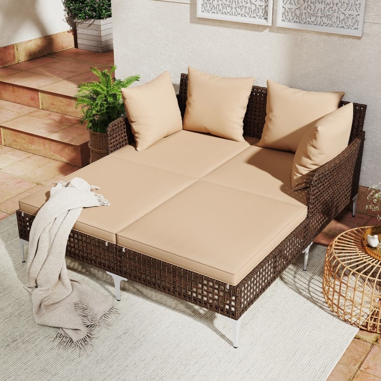 Mix Brown Rattan Day Bed with Cushions Outdoor Lounger - 60" x 52.5" x 27.5"