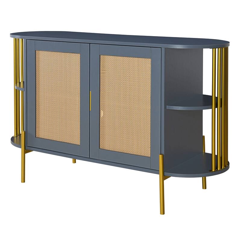 Curved Sideboard with Woven Rattan Doors and Open Storage - Dark Grey