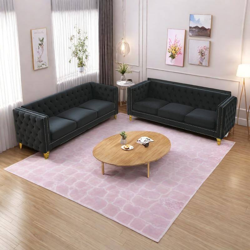 2-Piece 67" Velvet Chesterfield Sofa Set with Tufted Back & Nailhead Trim - Black
