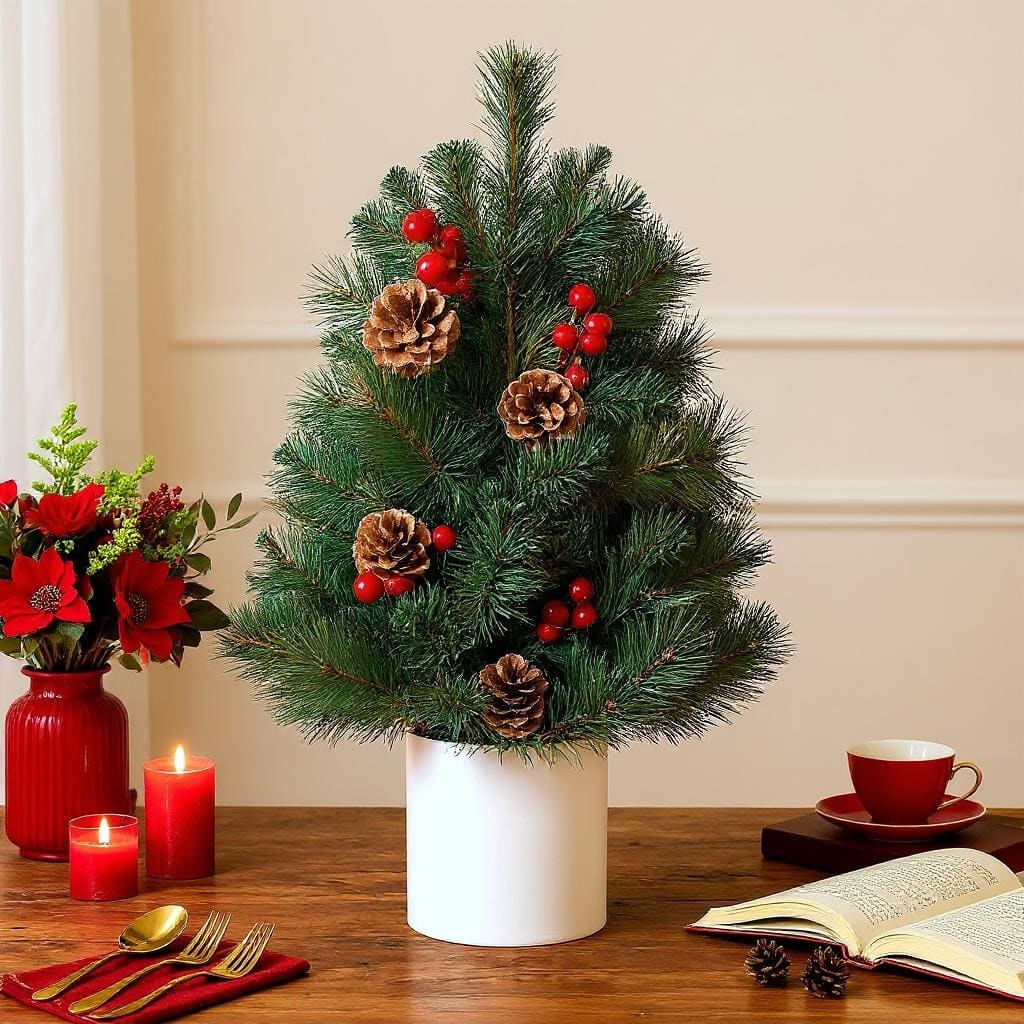 2 Ft Mini Christmas Trees, Red Berries & Pine Cones