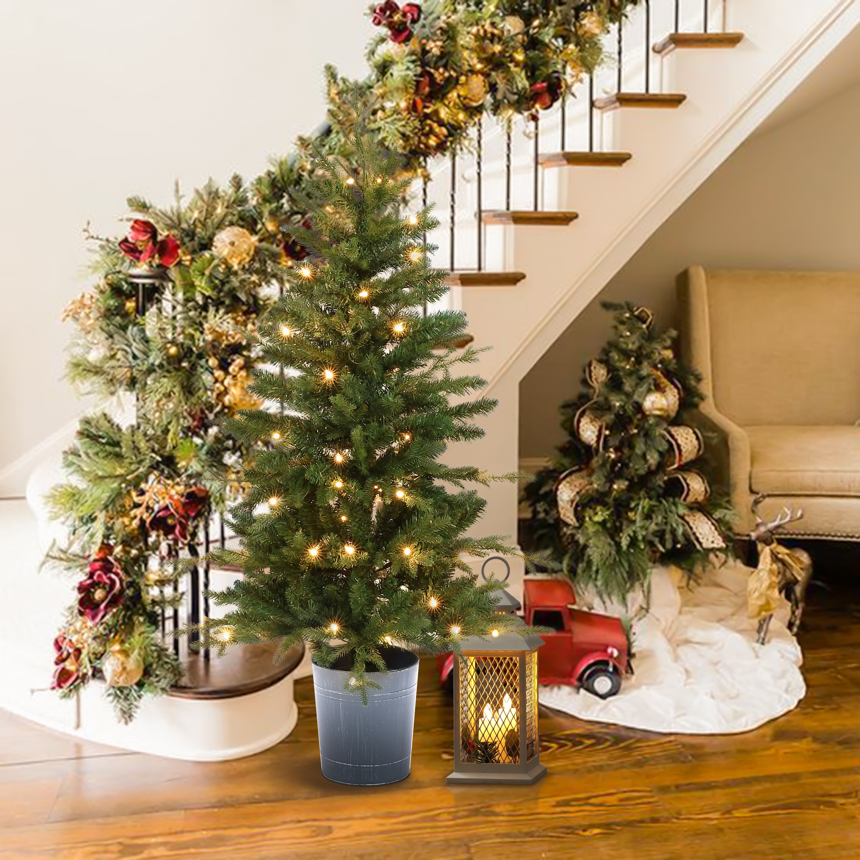 4.13Ft Pre-Lit Artificial Fir Christmas Tree with Lights and Metal Pot, Indoor Holiday Decor