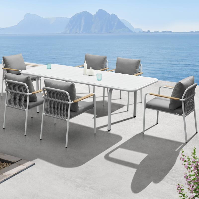 HIGOLD Patio 9-Piece Outdoor Dining Set, Aluminum Frame and Teak Armrest Cushioned Chairs - White/Gray