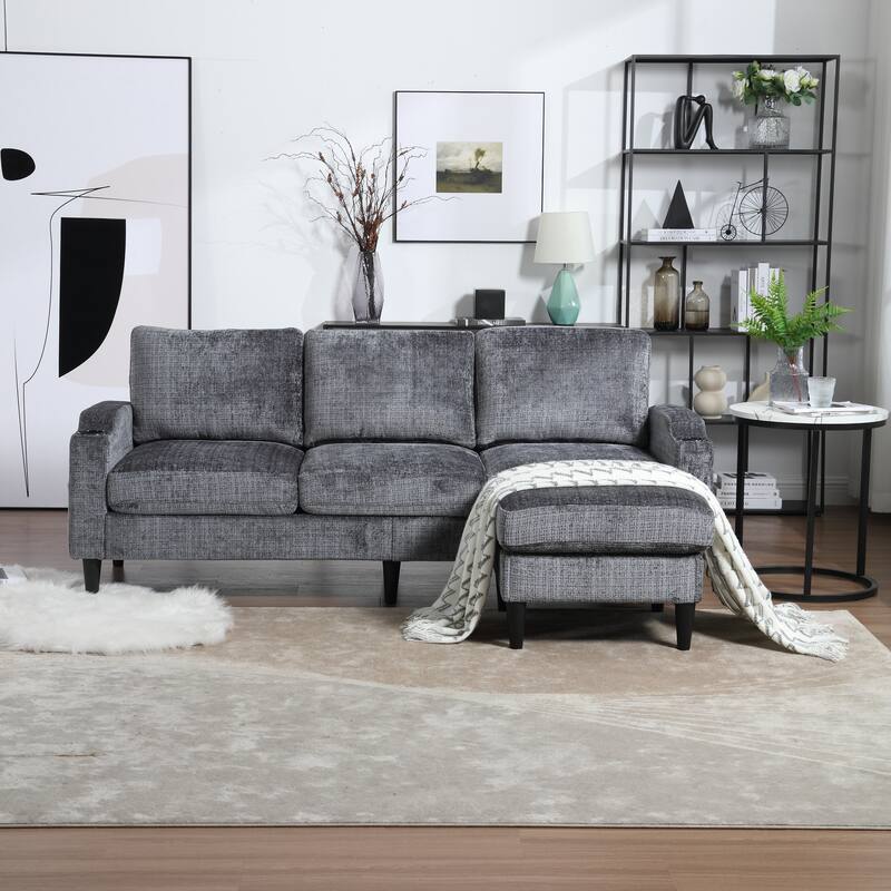 Modular Sectional Sofa with Storage Ottoman, Comfy Chenille Fabric Sofa, 3-Seater Sofa with Side Pockets & 2 Cup Holders - Grey