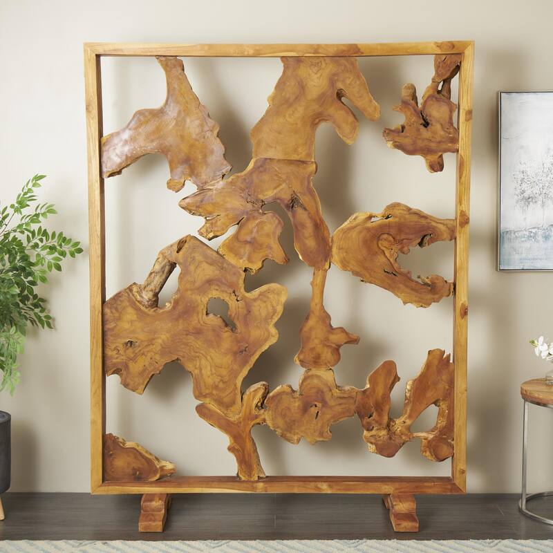 Teak Wood Tall Live Edge Freestanding Partition Room Divider Screen with Large Tree Trunk Pieces - Brown - Roche River Decor