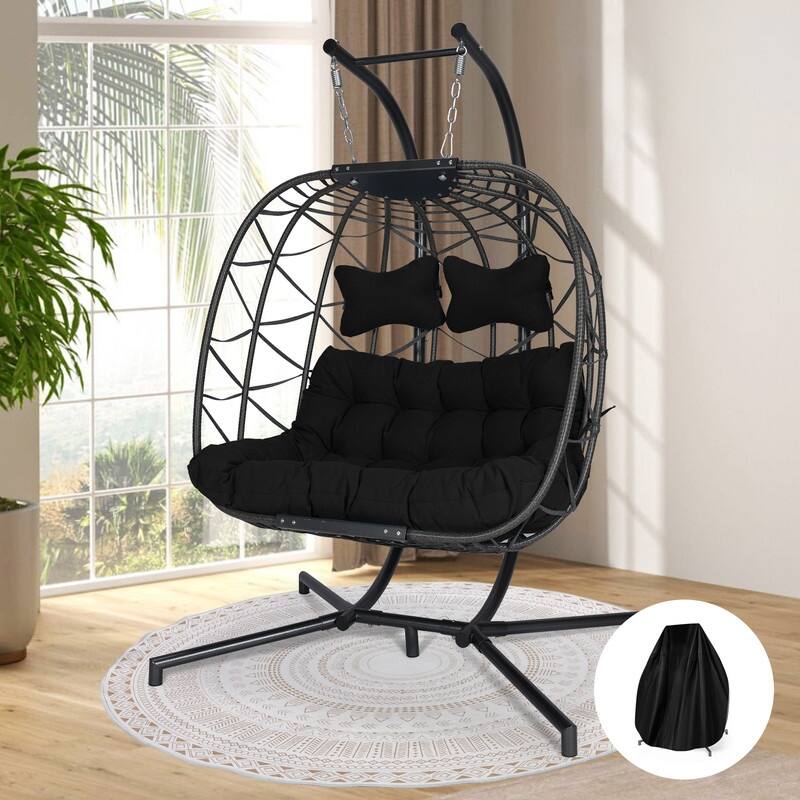 FINCATI Indoor Double Egg Chair, 700 lbs Extra-large 2 Person Double Egg Chair, Cozy Swing Chair, Oversized Hanging Egg Chair - Black/Cover