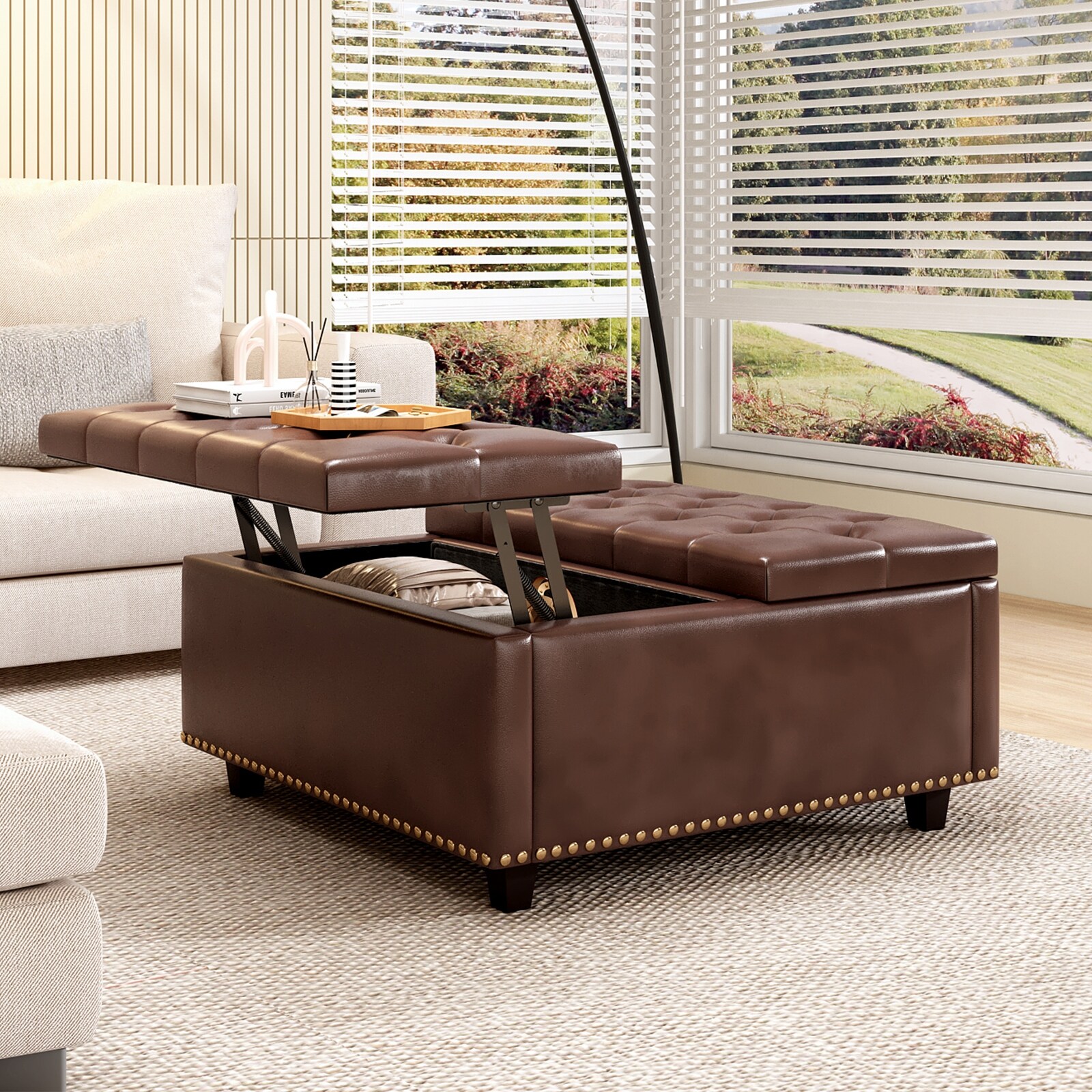 PU Leather Oversized Storage Square Ottoman Mid Century Modern Style
