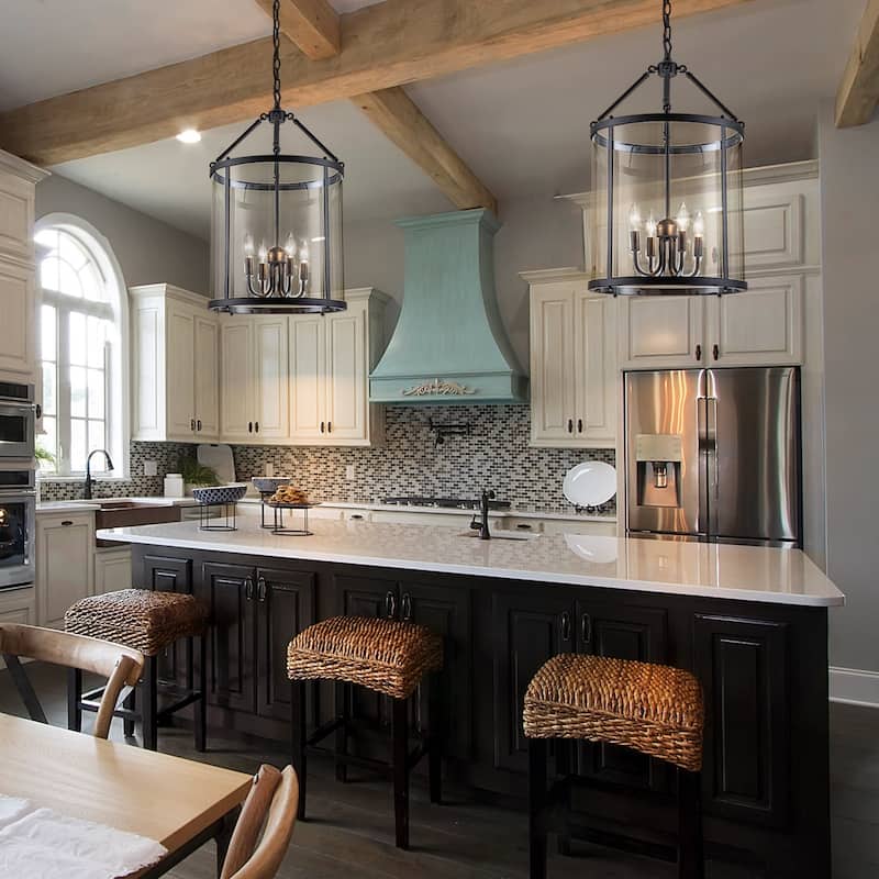 4 - Light Farmhouse Lantern Glass Drum Chandelier for Entryway