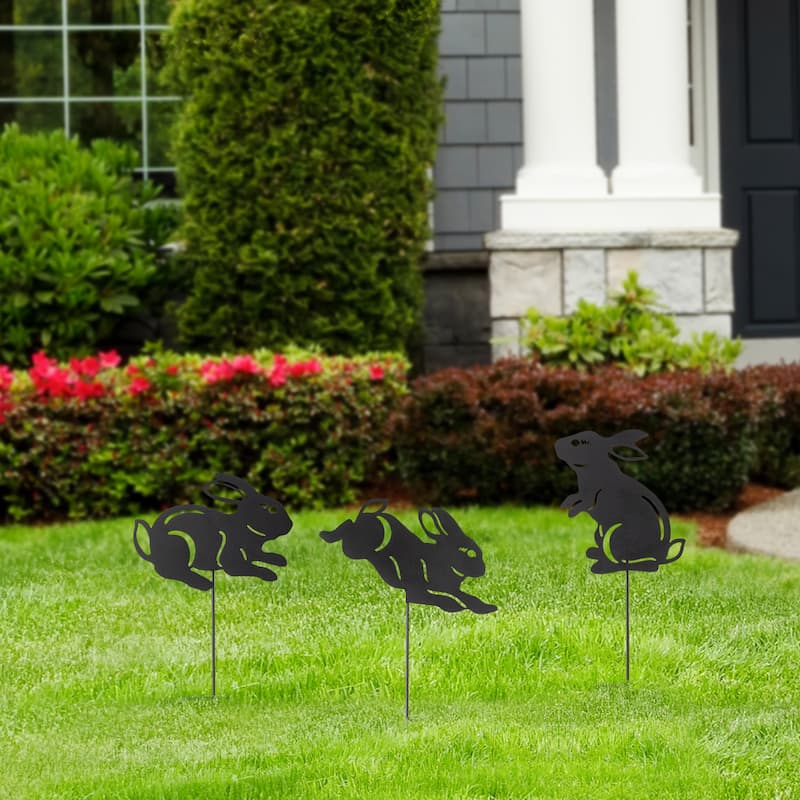 Glitzhome 2-in-1 Halloween Black Metal Rabbit Silhouette Yard Stakes Wall Decor (Set of 3)