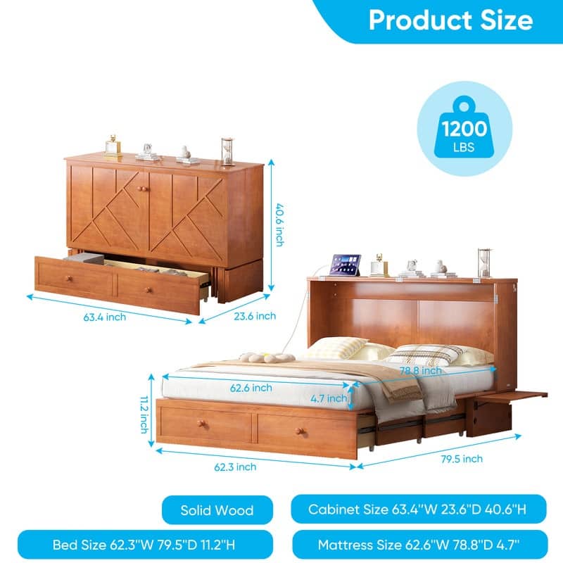 Mixoy Modern Queen Murphy Bed Chest with Mattress and USB ports