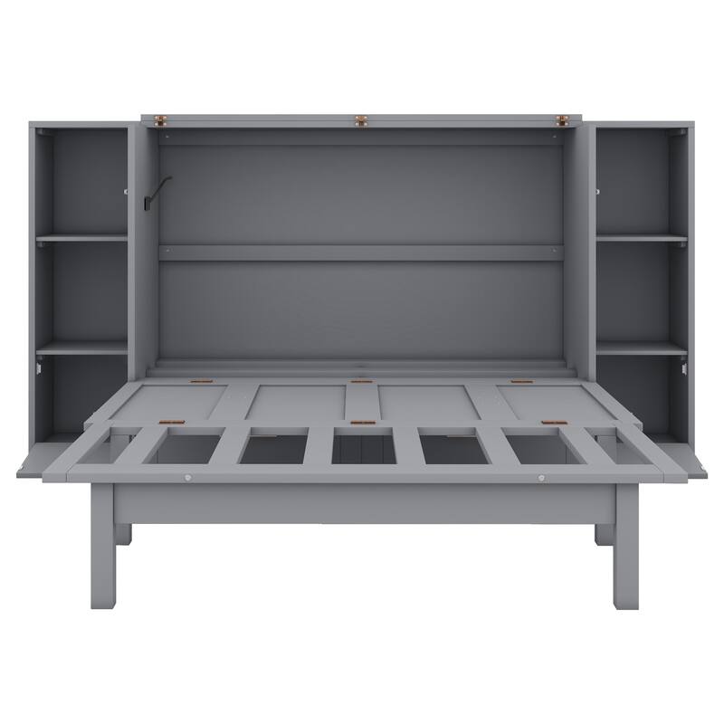 Space-Saving Full Size Murphy Bed with Shelves, Drawers, and USB Ports in Gray