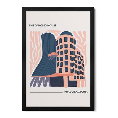 The Dancing House - Prague, Czechia, Warm Colours Illustration Travel Poster Premium Framed Poster by Mambo Art Studio