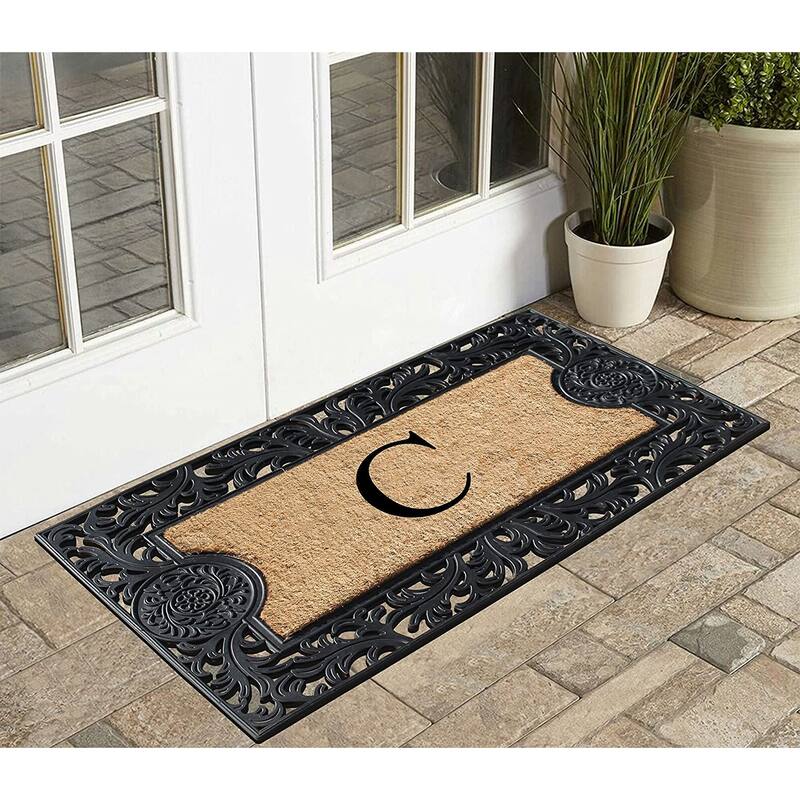 A1HC Floral Border Rubber and Coir Large Outdoor Durable Monogrammed Doormat, Black - 23" X 38"