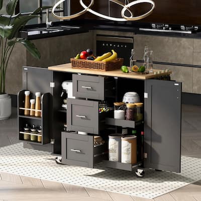 Rolling Kitchen Island with Rubber Wood Top, Drawers, Shelves, Internal Storage, Wheels, Spice & Towel Racks