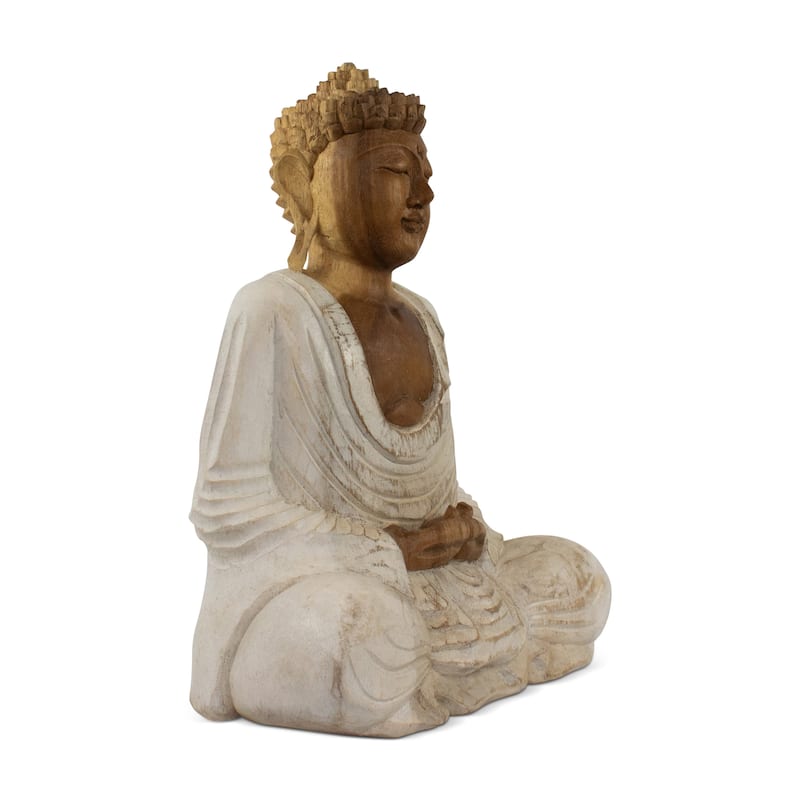 Wood Buddha Statue Hand Carved Whitewashed Dhyana Mudra Sculpture, Zen Meditation Decor - 12" tall x 10" wide x 5.5" deep