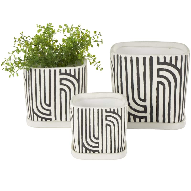 Ceramic Arched Patterned Indoor Outdoor Planter with Attached Saucer - Set of 3 Black, Green or Pink - Roche River Decor - Black
