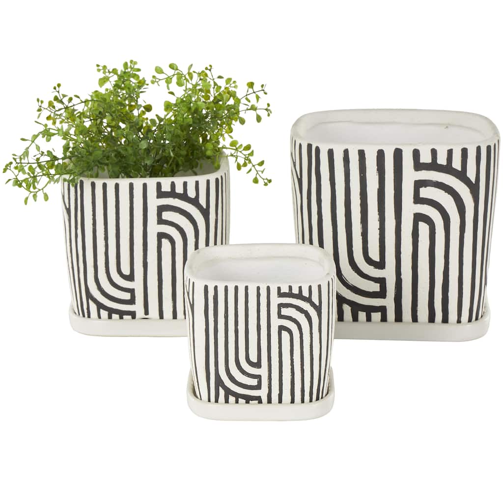 Ceramic Arched Patterned Indoor Outdoor Planter with Attached Saucer - Set of 3 Black, Green or Pink - Roche River Decor