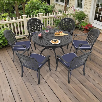 7-Piece Cast Aluminum Outdoor Dining Set with 47.24 in. Round Table and Seat Cushions