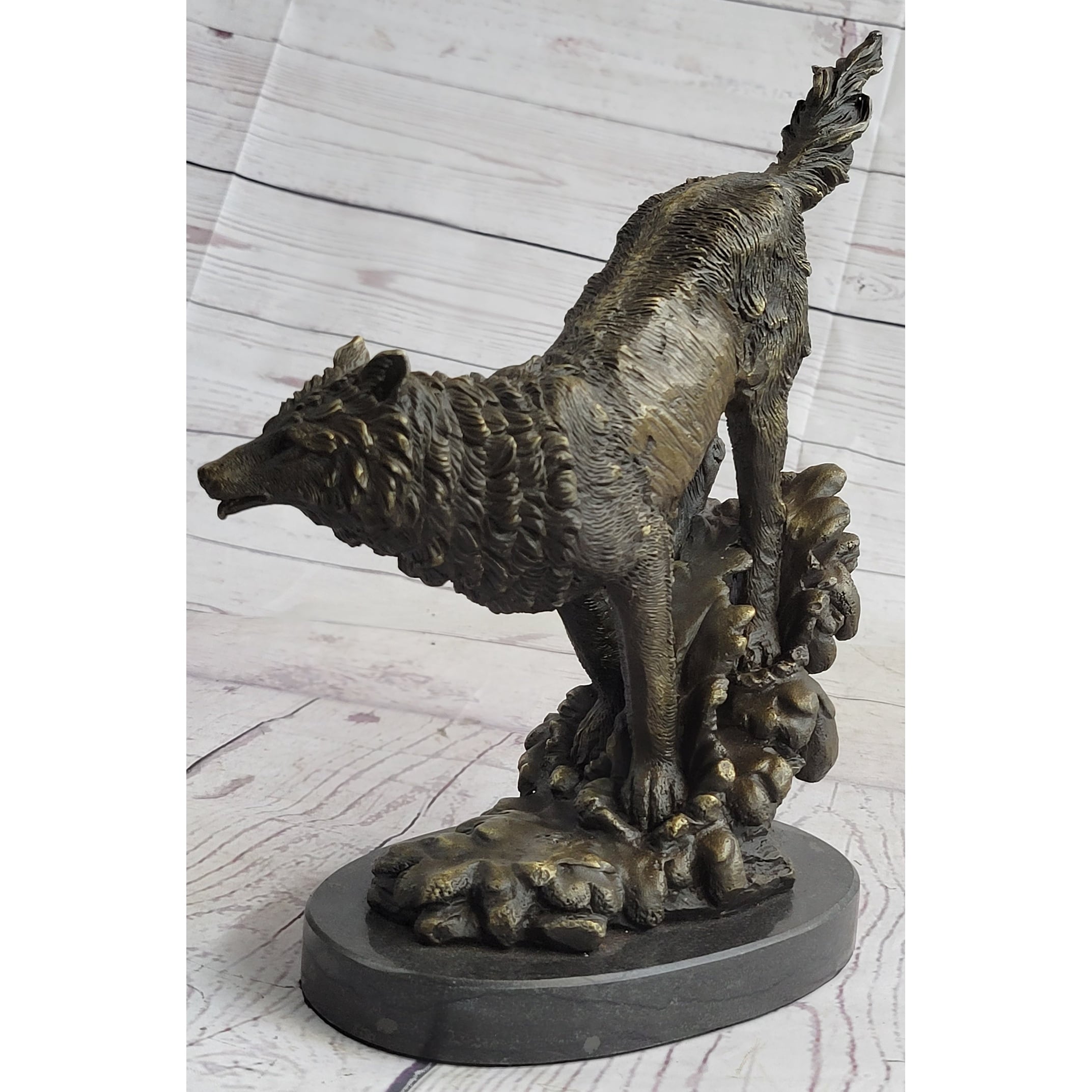 Running Imitative Wolf Bronze Metal Statue Sculpture Wildlife Decor On Marble Base 9.5 Inches X 10 Inches