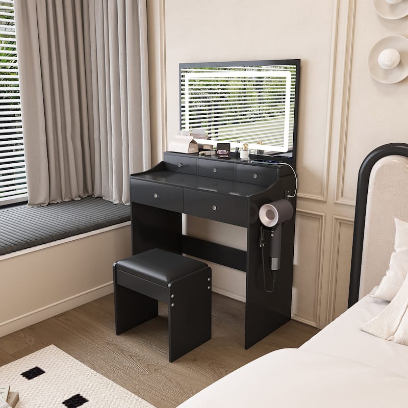 Anmytek LED Lighted 5 Drawers Vanity Desk Black Makeup Dressing Table with Power Outlet and Hair Dryer Holder