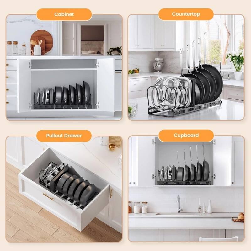 Adjustable Expandable Pot Lid Organizer, Space-Saving Cabinet Rack