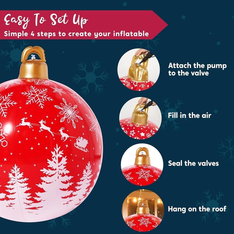 2 Pcs Giant Inflatable Christmas Balls, 25 Inch Red Ornaments with Christmas Patterns