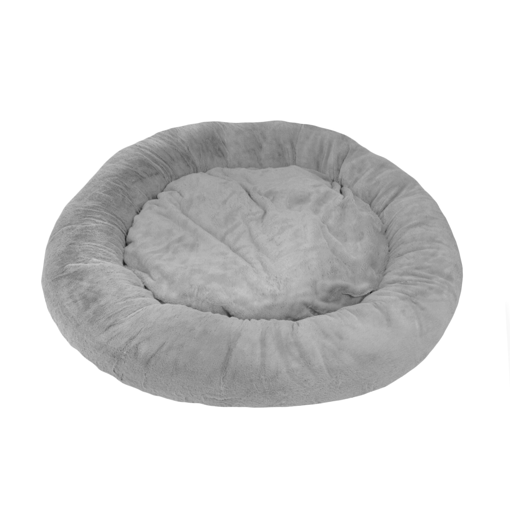 grey fluffy dog bed