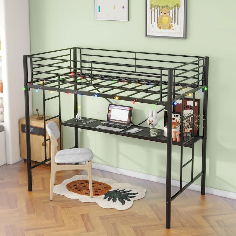 Twin Metal Loft Bed with Built-In Desk, LED Lighting, Power Outlets & USB Ports, Safety Guardrails, Dual Ladders