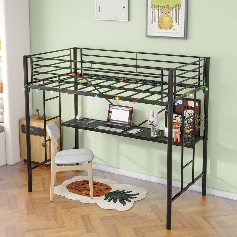 Twin Metal Loft Bed with Desk, Power Outlet, LED Lights, Safety Guard Rails, and Ladder, Black