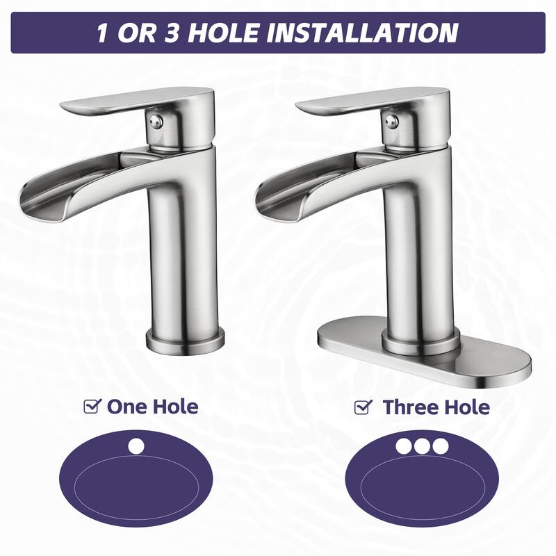 Waterfall Bathroom Faucet Single Handle Bathroom Sink Faucets 1 or 3 Hole Solid Vanity Faucet with Deck Plate & Overflow Pop