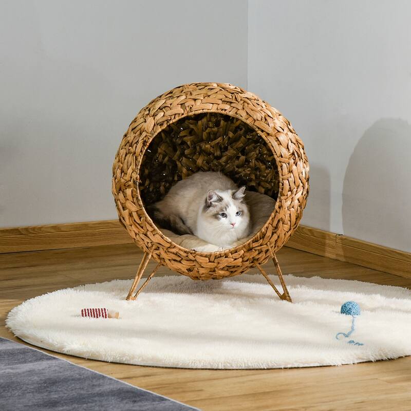 PawHut 20.5" Natural Rattan Cat House, Elevated for Comfort and Circulation, Cushion Included as Animal Bed