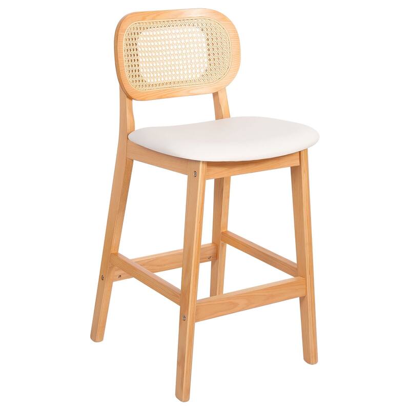 Wood Upholstered Counter Height Bar Stools with Rattan Back - 36.81"H x 17.72"W x 18.7"D