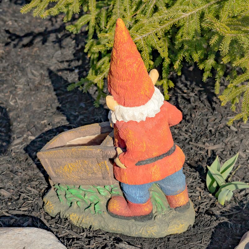 17 Inch Tall Spring Gnome Garden Statue with Wheelbarrow