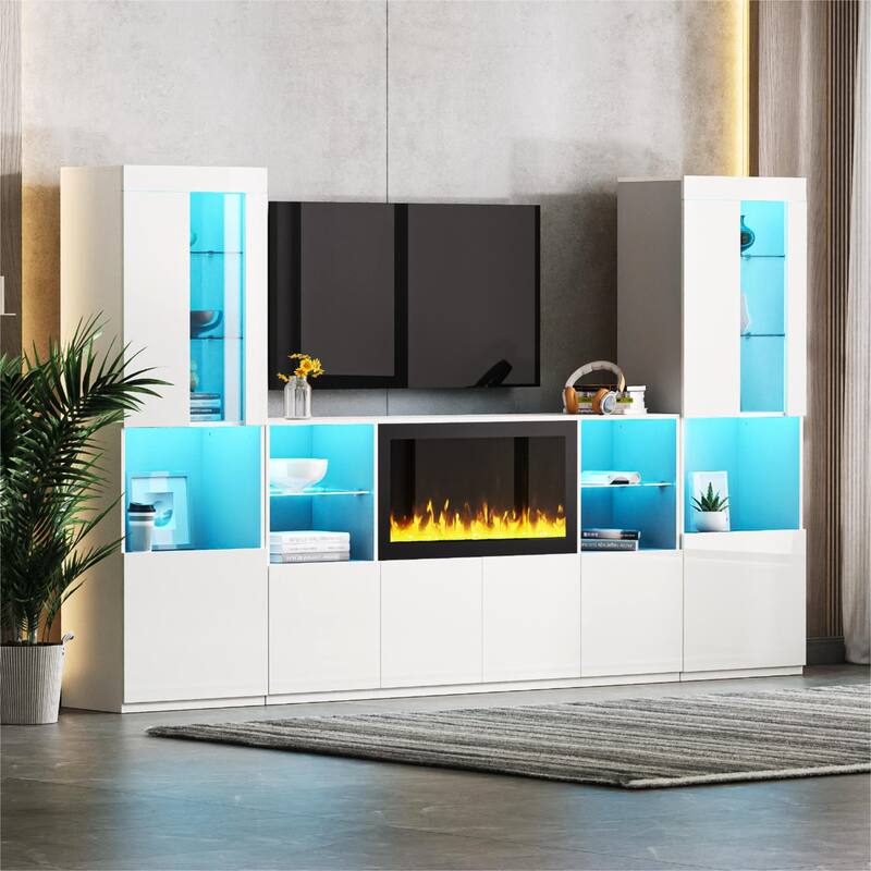 Roomfitters Modern TV Stand with Electric Fireplace, High Gloss Entertainment Center for TVs up to 75" - White