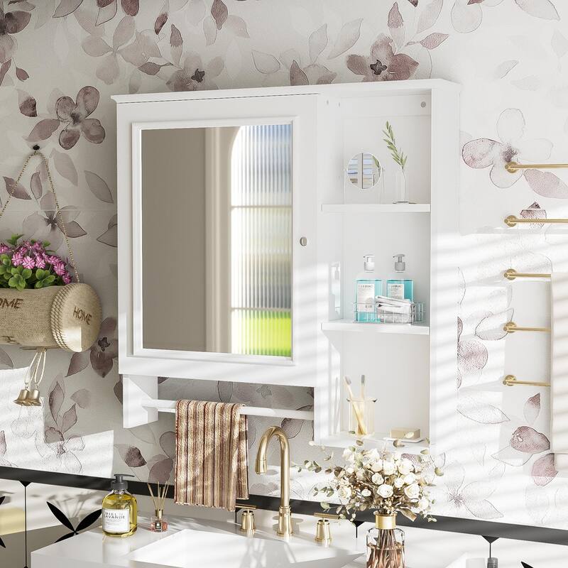 GDFStudio - Rosdale Modern Wall Mounted Bathroom Storage Mirror Cabinet with Adjustable Shelves, Open Storage and Towel Rack